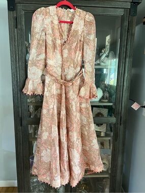 Zimmermann kaleidoscope Peach-Pink Floral Long Sleeve Midi Dress sz 1